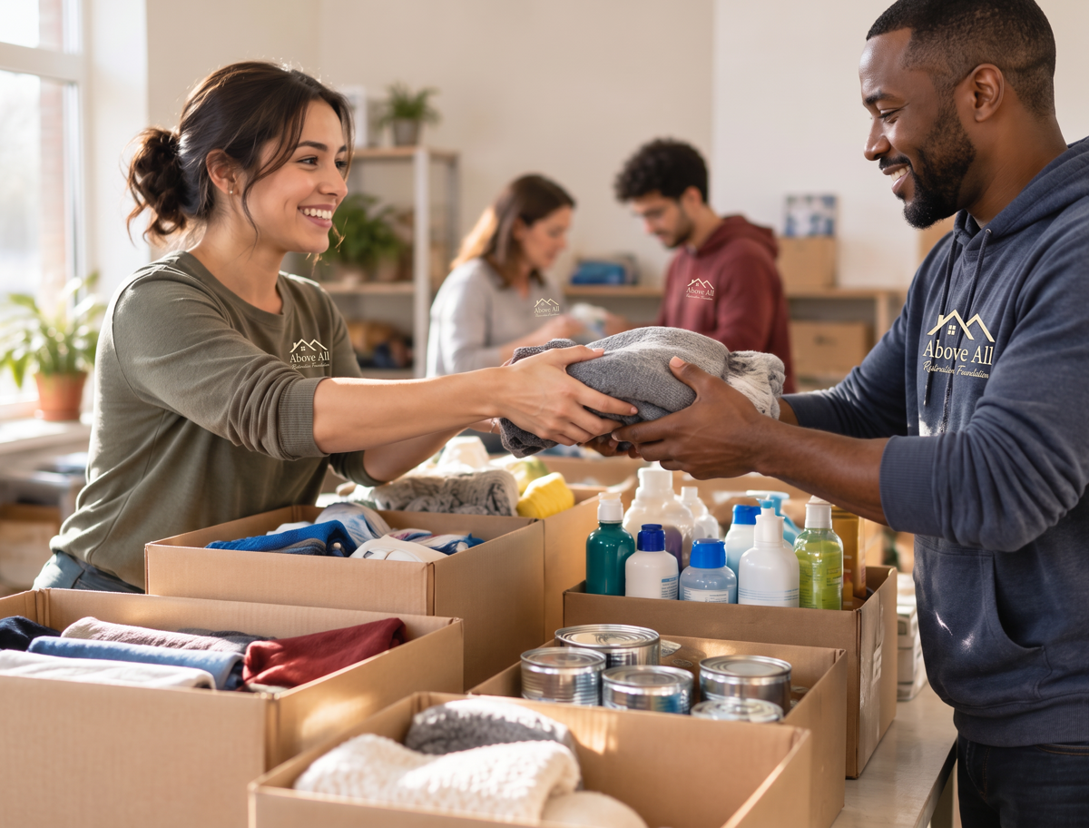 Volunteers sorting boxes of food, clothing, and toiletry donations