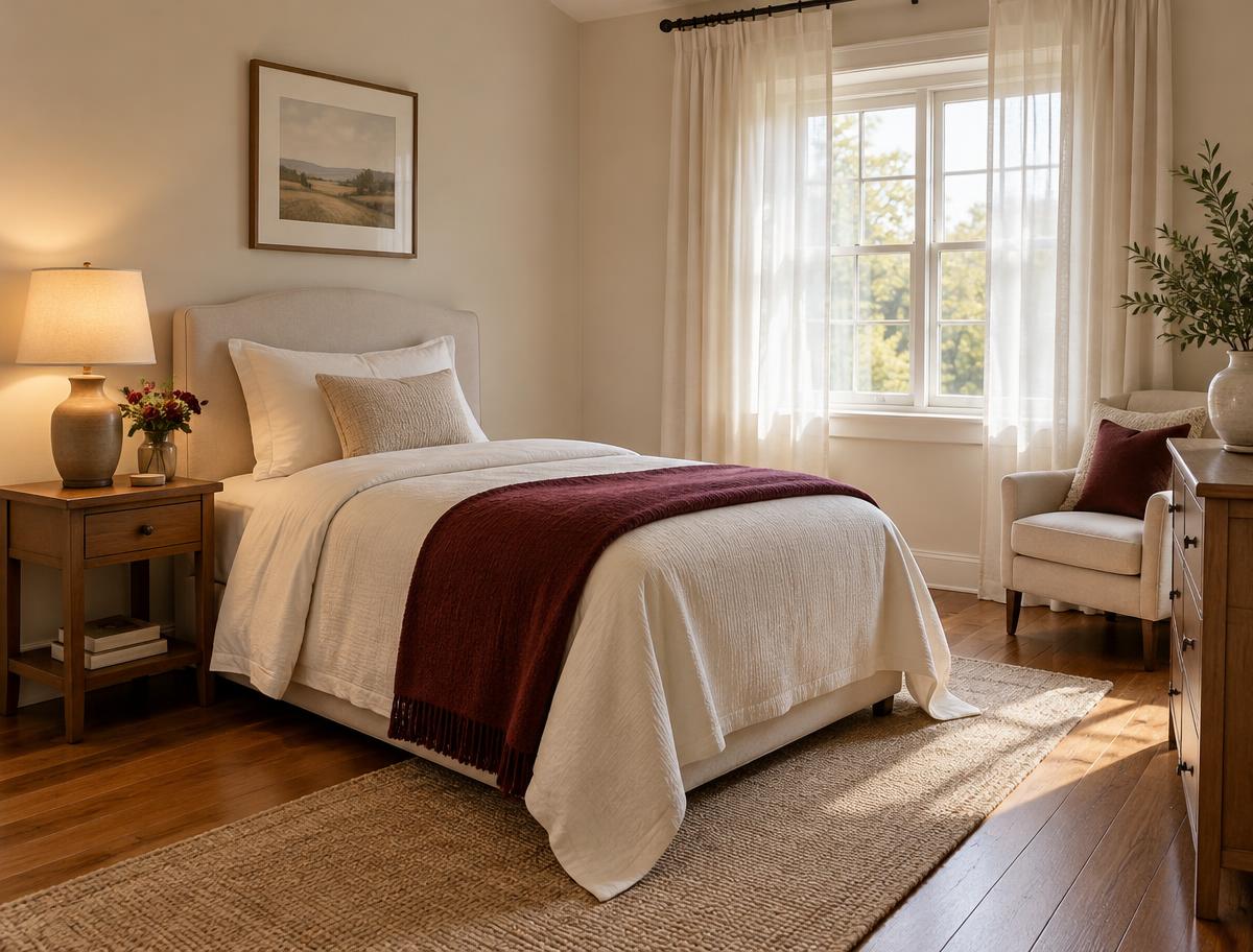 A bright private bedroom with a single bed