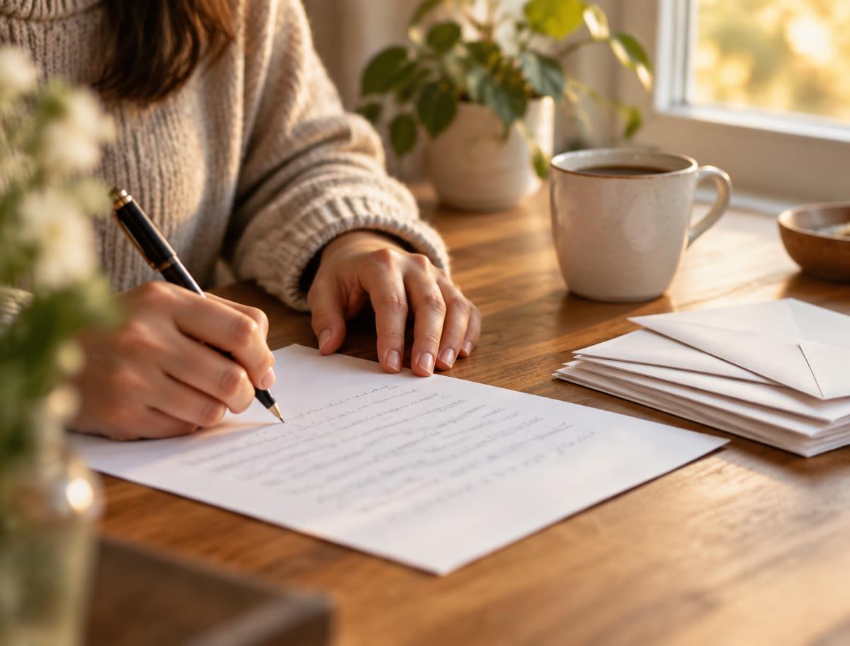 A handwritten letter and a stack of plain envelopes on a wooden desk