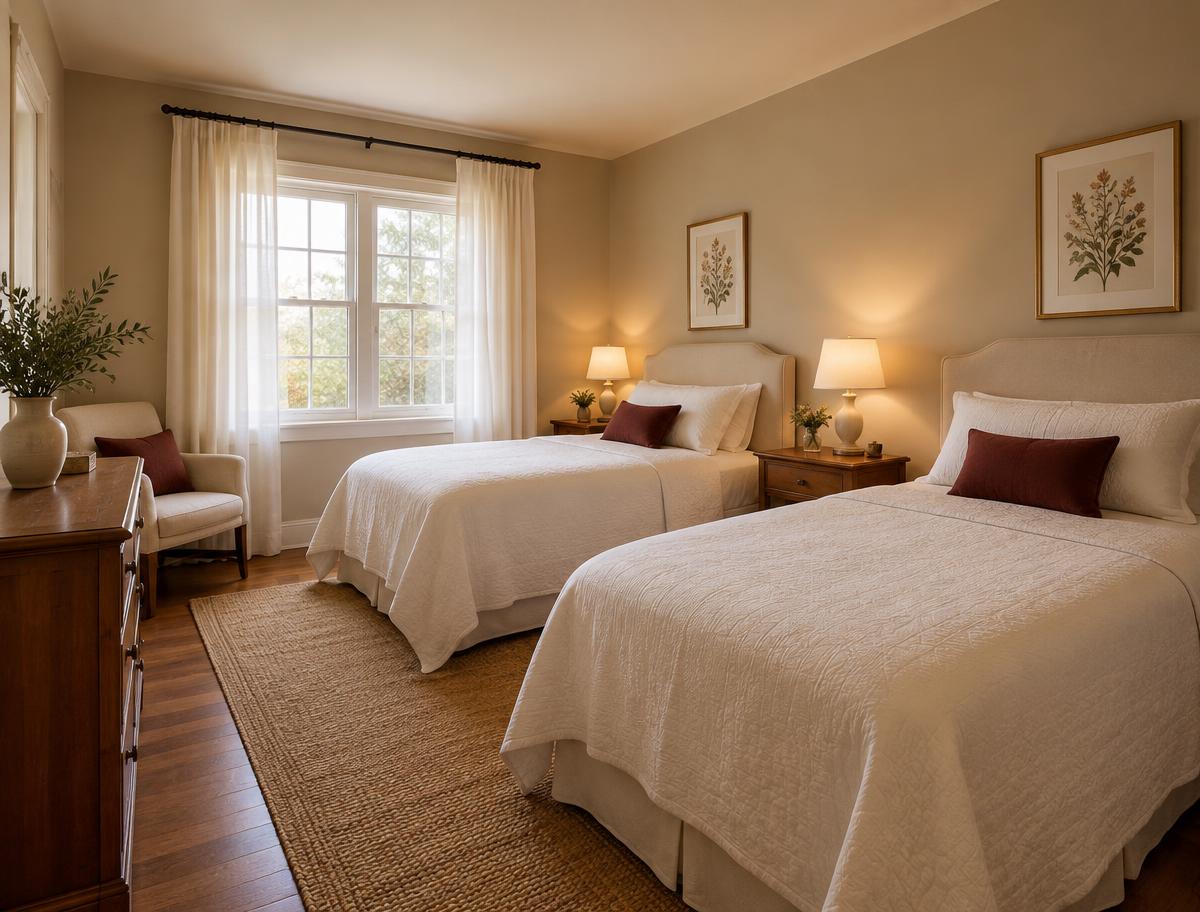 A tidy shared bedroom with two beds