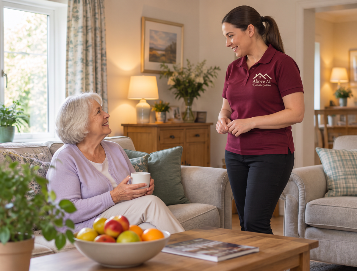 A staff member talking with a resident in a bright living room