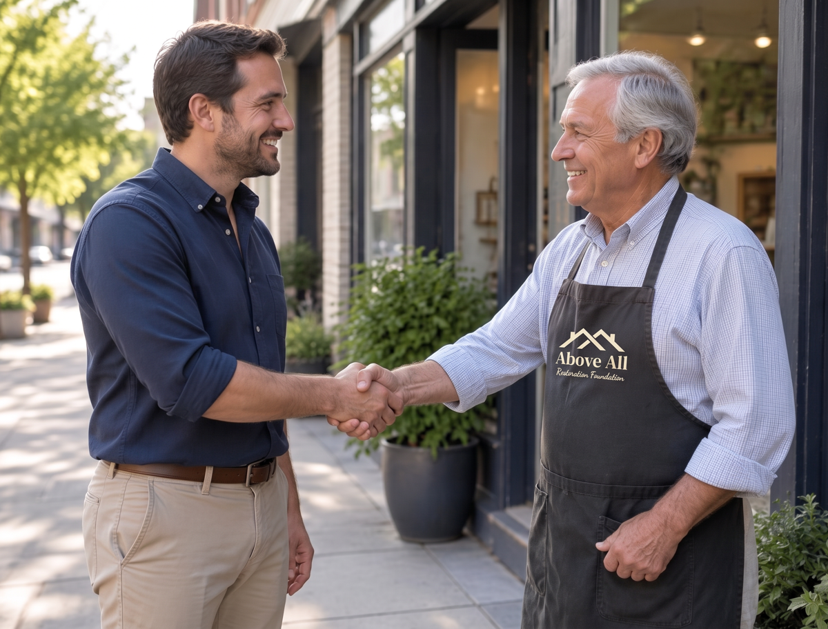 Two people shaking hands outside a neighborhood business