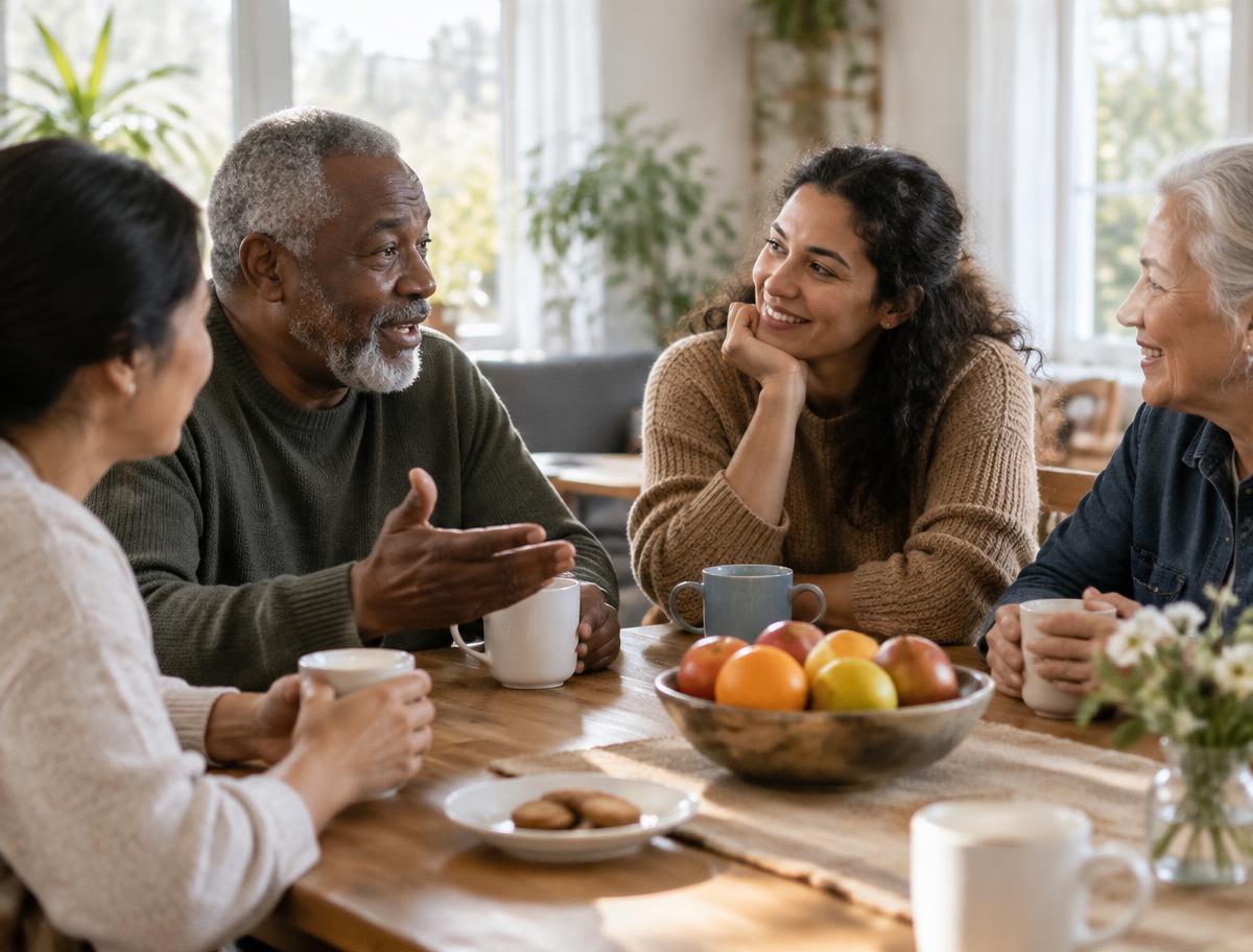 Adults sharing coffee and conversation around a table