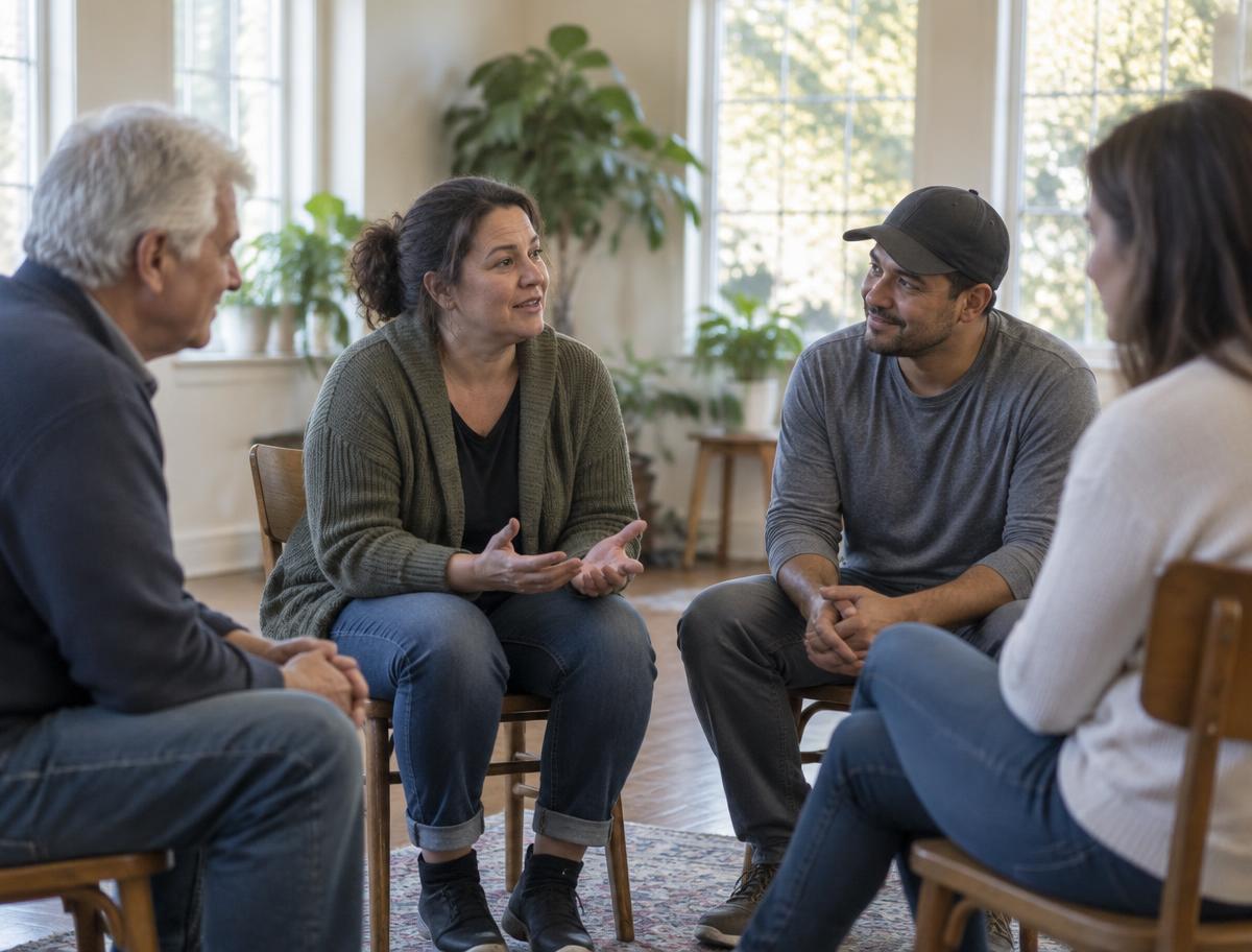 A circle of adults listening to one another in a sunlit room