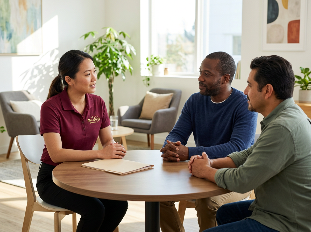 Illustrative care coordinator listening to adult clients in a welcoming consultation space