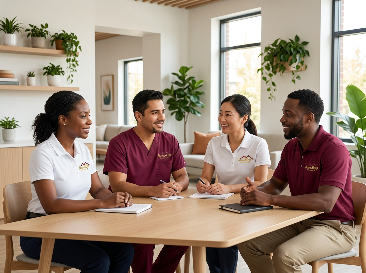Illustrative diverse clinical and support team collaborating in Above All branded uniforms